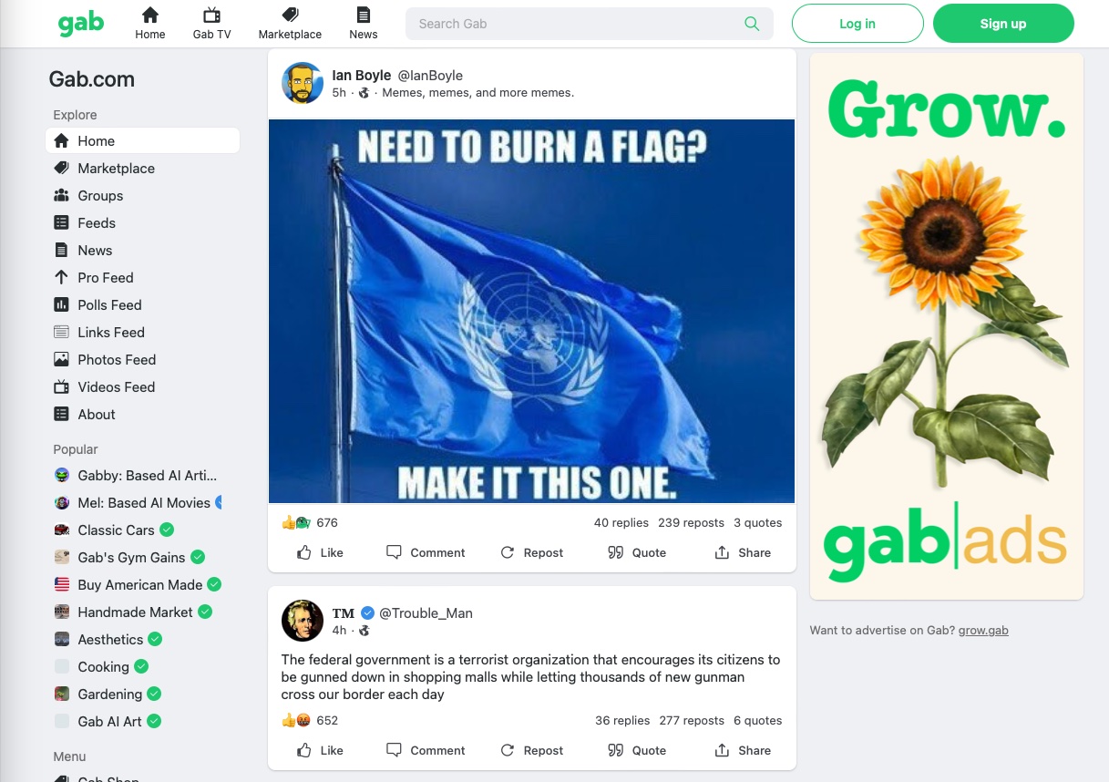 A screenshot from Gab.com, with a post showing a flag of the UN with the text: &ldquo;Need to burn a flag? Make it this one.&rdquo;