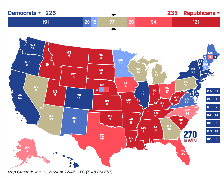 Elecotral map for 2024, lower than a 3% margin is a tossup. Created https://www.270towin.com/maps/WWE2B.