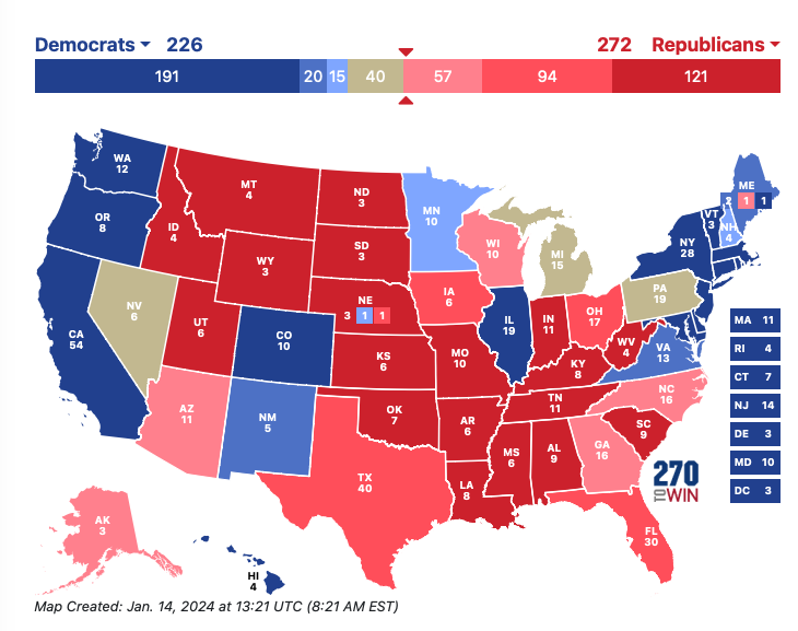 Elecotral map for 2024, lower than a 2% margin is a tossup. Created https://www.270towin.com/maps/WWExg.